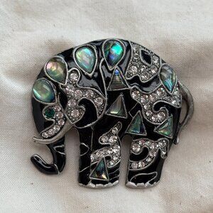 Vintage Abalone + Black Enamel  Elephant Brooch
